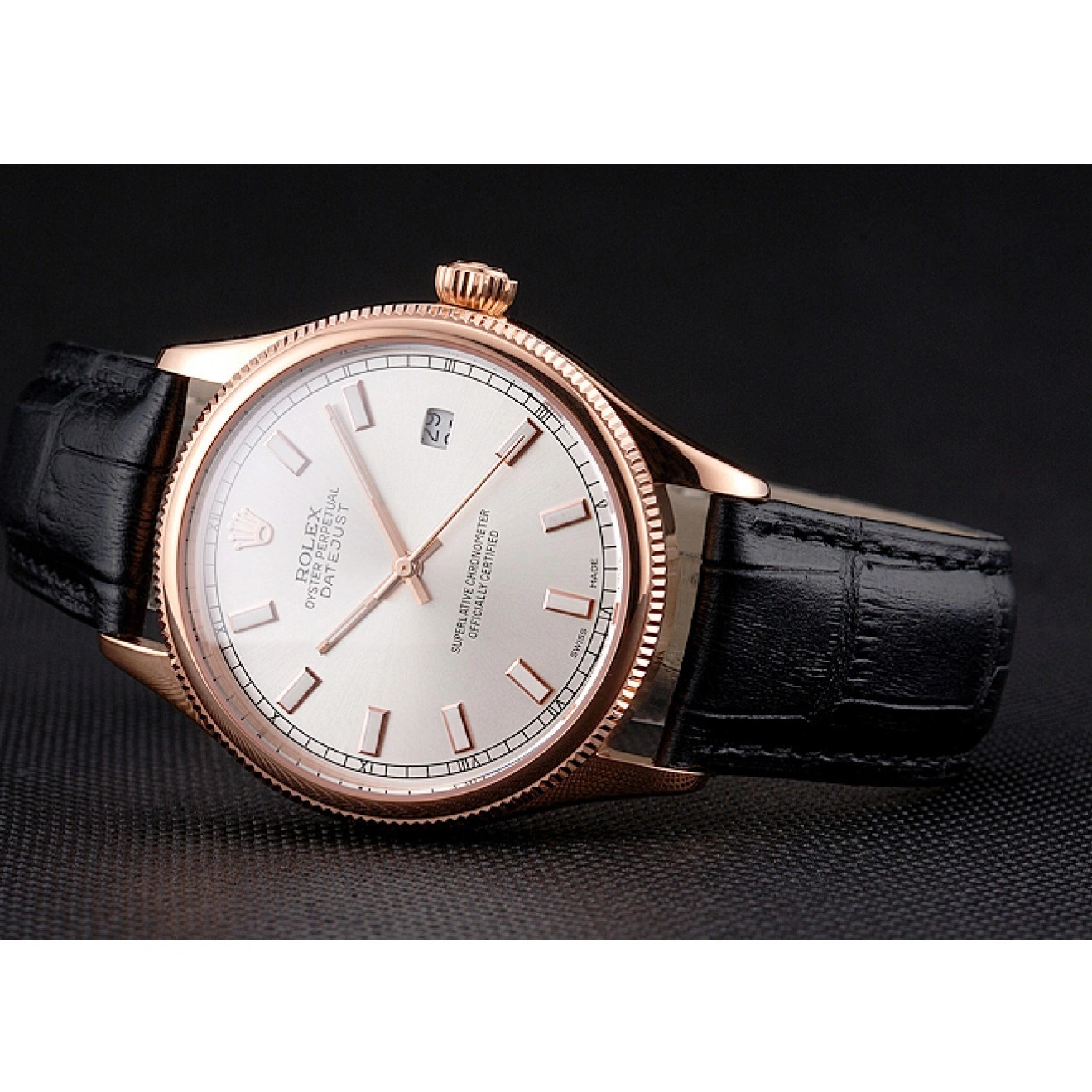 AAA Replica Watches Rose Dial White Leather Case Black Strap Swiss Gold Rolex Datejust 0709